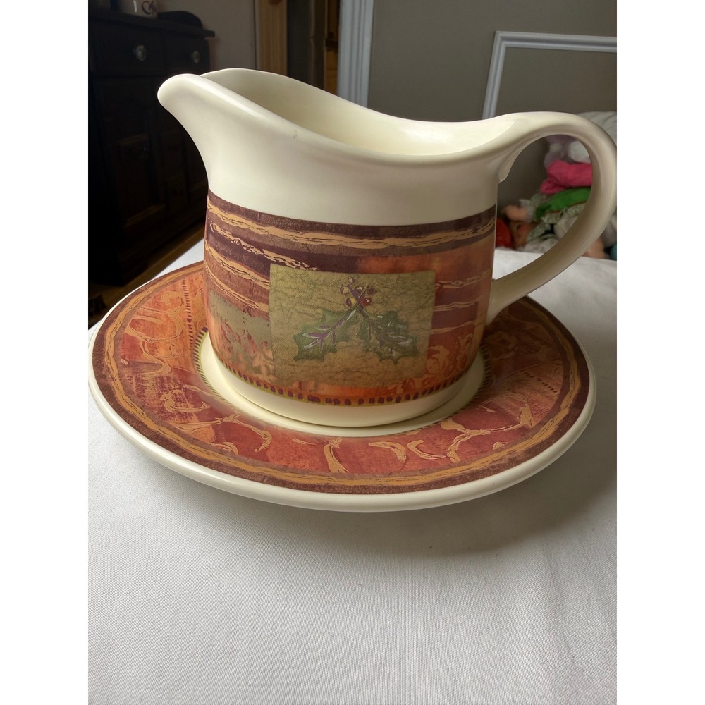 Pfaltzgraff Holiday Spice Gravy Boat and Saucer Set Stoneware Christmas Decor